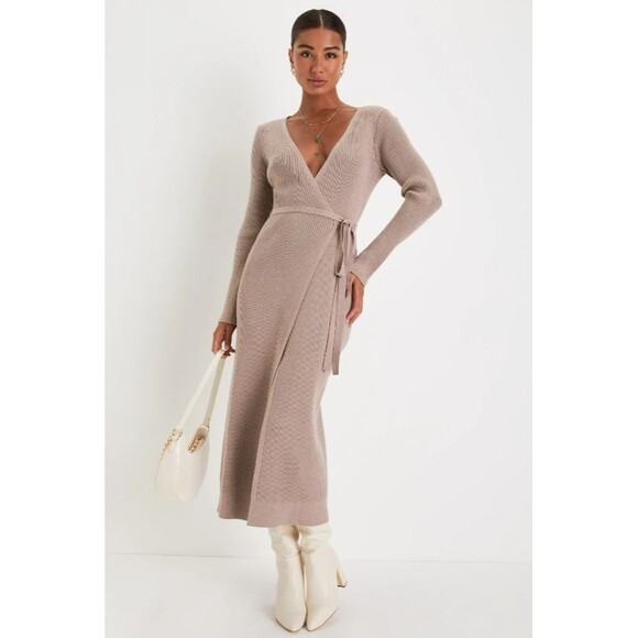 Lulus Dresses & Skirts - Lulus Iconic Comfort Sweater Dress Womens Medium Taupe Ribbed Surplice Wrap NEW